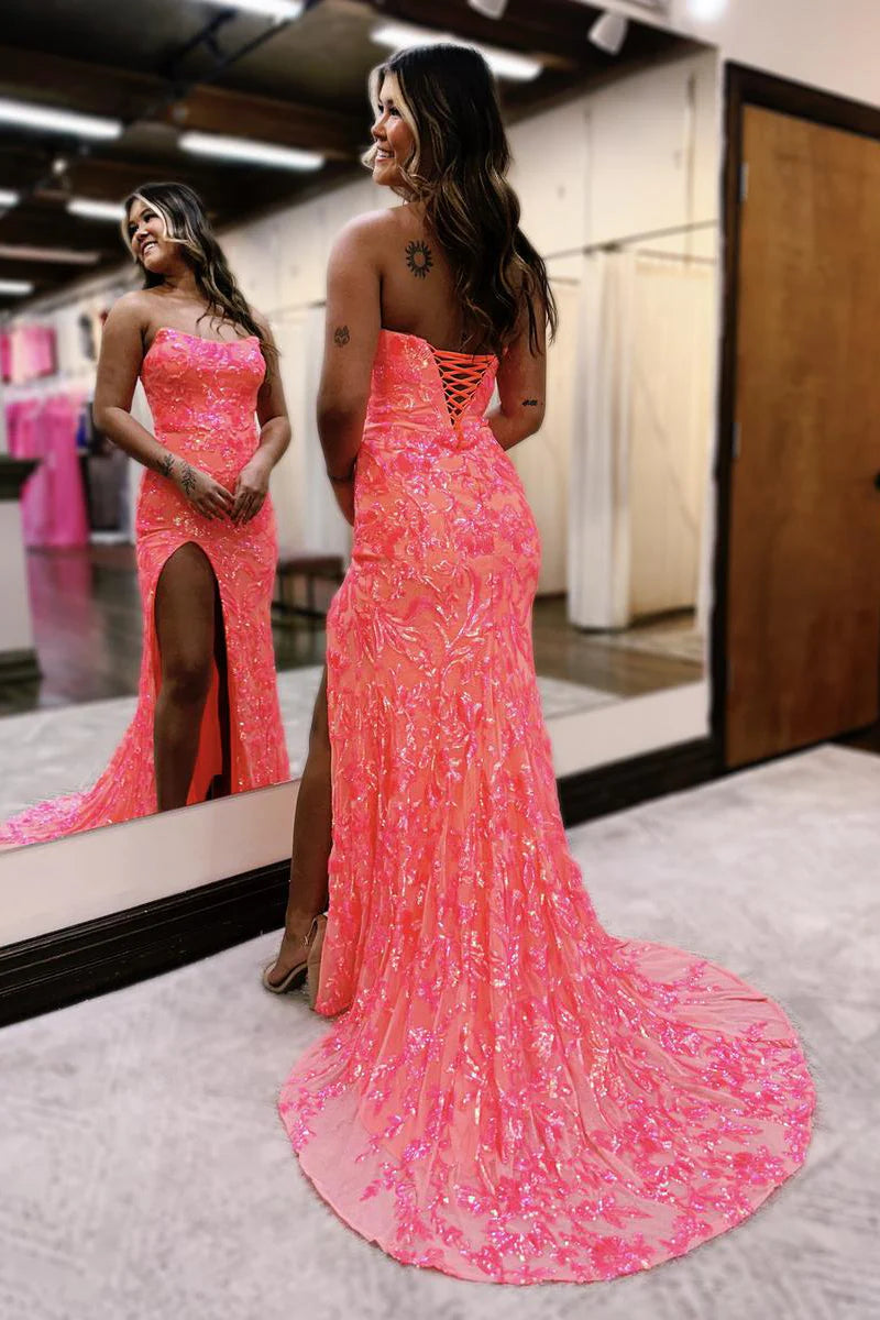Mermaid Charming Strapless Fuchsia Sequins Long Prom Dress with Slit
